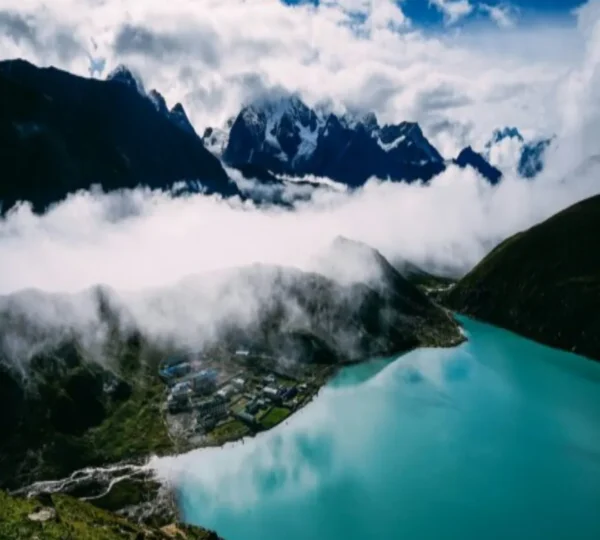 Gokyo Lake covered in mist and clouds in the Everest region of Nepal