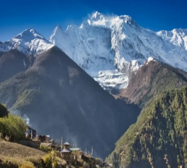 View from Annapurna Valley looking toward Annapurna mountain range in Nepal