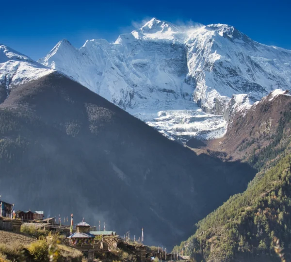 View from Annapurna Valley looking toward Annapurna mountain range in Nepal