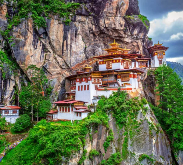 Scenic view of Bhutan with Himalayan mountains and traditional architecture
