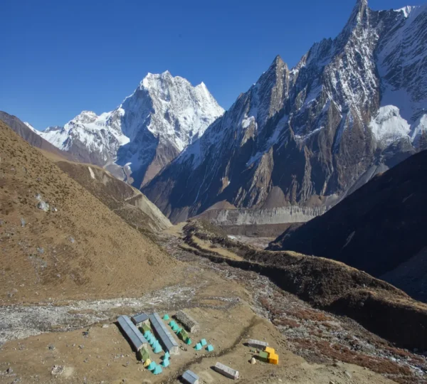 Manaslu valley with Mount Manaslu visible ahead in Nepal
