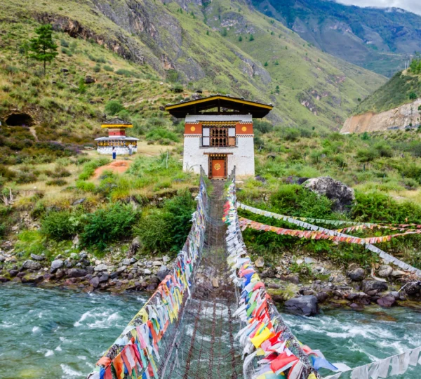 Tamchog Lhakhang temple with iron chain bridge in Bhutan