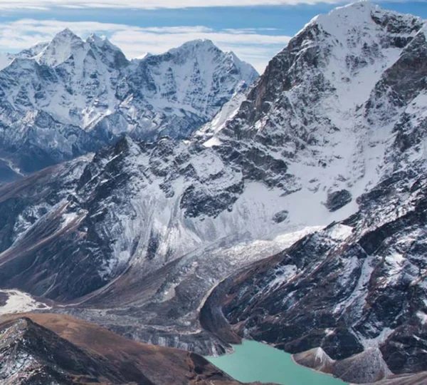 View from Lobuche village toward a high-altitude lake in the Everest region