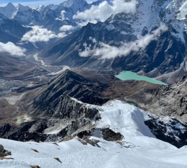 View from Lobuche village toward a high-altitude lake in the Everest region